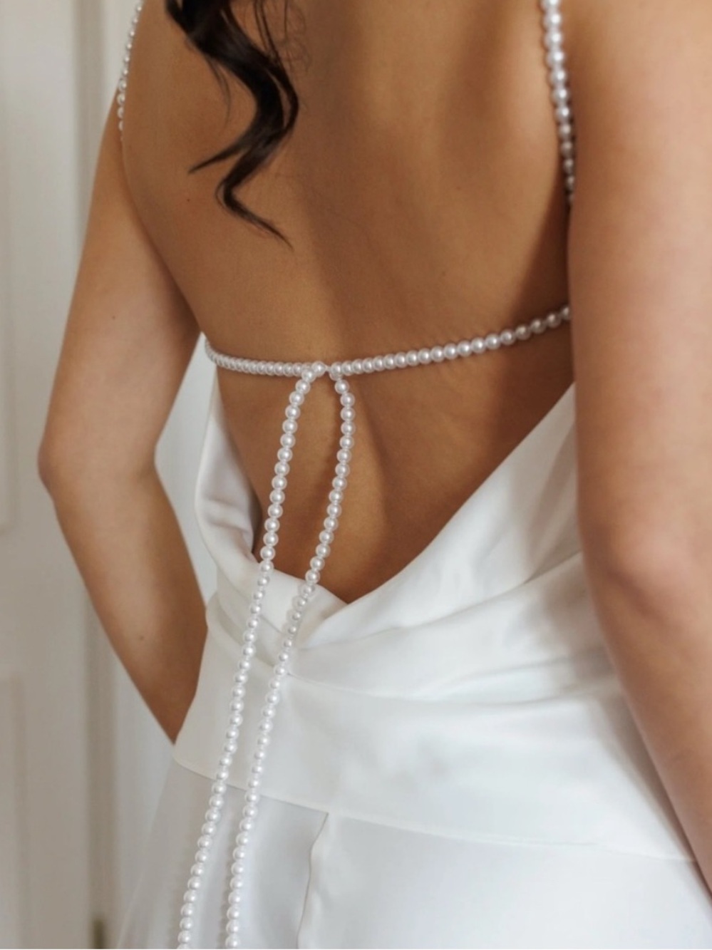 ANAIS PEARL COWL BACK open-Back White Pearl-Trim Slip tank and shorts